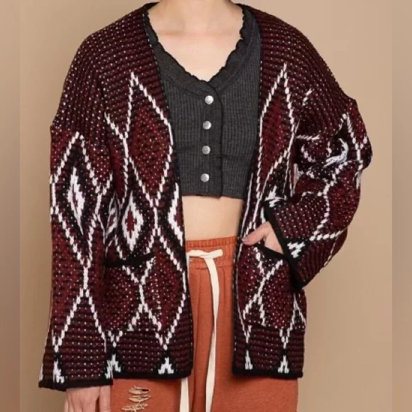 SOLD OUT New! POL Cozy Burgundy Chunky Knit Cardigan with Pockets - Picture 4 of 6
